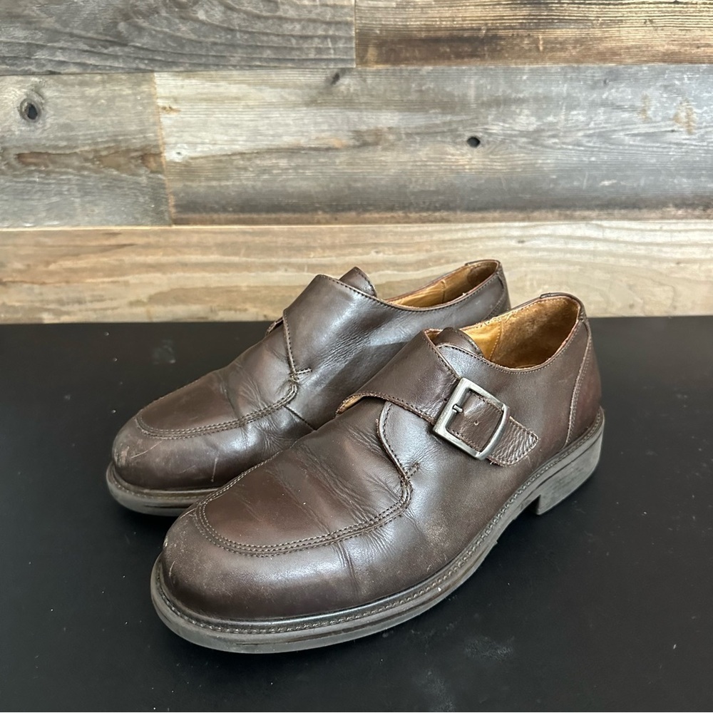 BASS Monk Strap Moc Toe Leather Upper Rubber Sole Cushioned Insole Italy 10 Wide